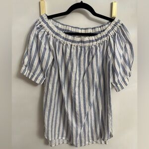 Michael Kors Linen Off-Shoulder Blouse with White Blue Stripes
